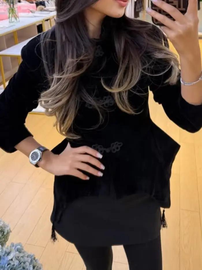 Manteau Femme Vintage en Velours à Boutons Grenouille, à Franges, Ourlet Irrégulier, Taille Cintrée, Col Montant, Coupe Slim, Nouveaux Vêtements d'Extérieur