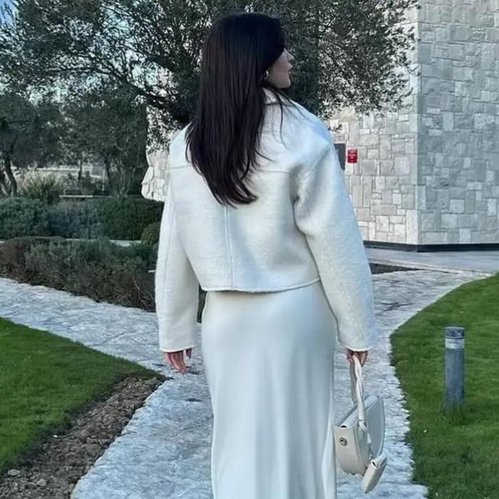 Mujer Blanc Tweed Veste Femmes Recadrée Bomber Veste Femmes à Manches Longues Veste à Glissière Femme Automne Streetwear Vêtements D'extérieure