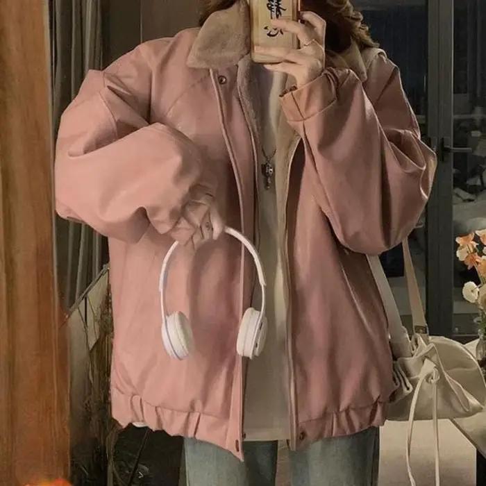Veste en cuir PU rose épais et doublé polaire pour femme