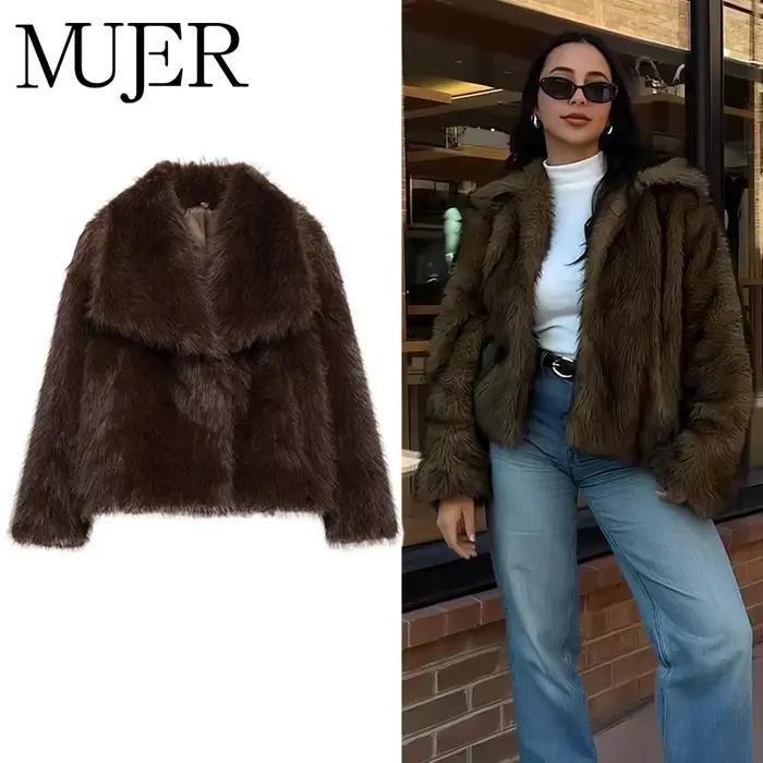 Manteau Mujer en fausse fourrure pour femme, chaud et luxueux, fourrure épaisse et douillette, col rabattu, fibre synthétique, bouton couvert, automne-hiver, vêtements d'extérieur de luxe