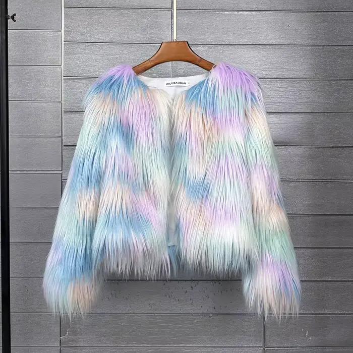 Manteau Parka en fausse fourrure moelleuse pour femmes, vestes chaudes avec Cape à manches longues, manteau court de couleur unie de Style coréen 34 couleurs
