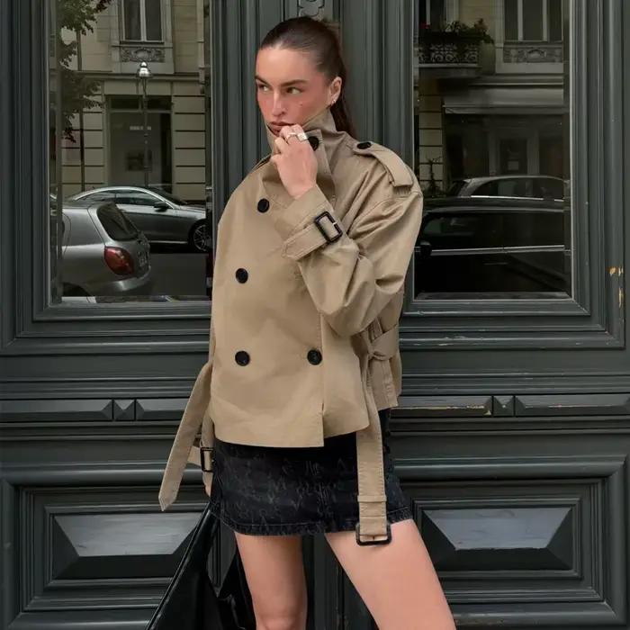 MUJER court femmes Trench Coat Double boutonnage coupe-vent femme ceinture manteaux d'hiver
