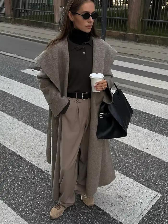 Manteau en laine chic à col marin et lacets, élégant, col en V, manches longues, poche, long manteau, printemps 2026, vêtements de ville pour femmes