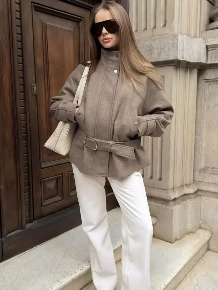 Manteau en laine mélangée HH Fashion avec ceinture pour femme