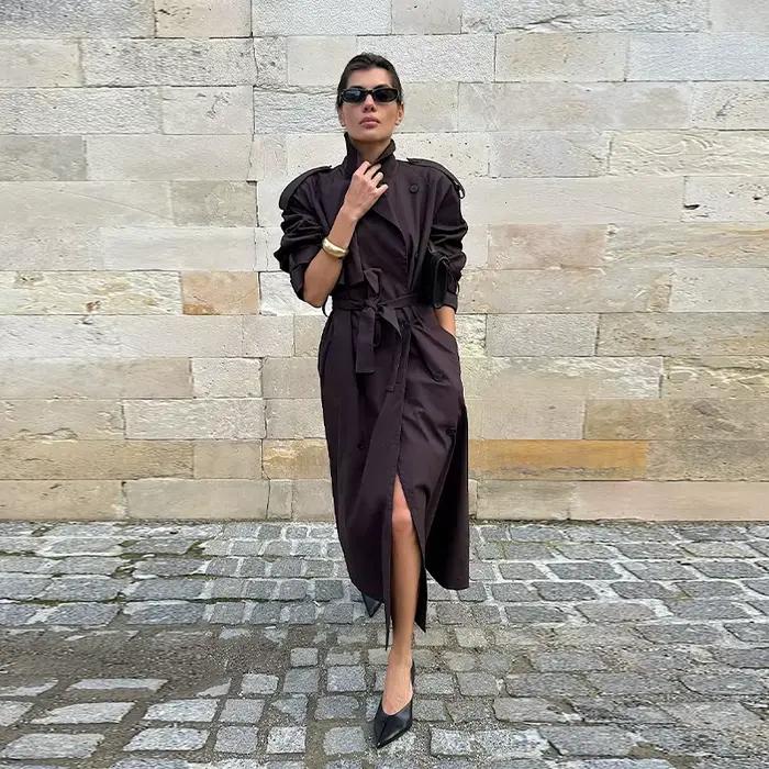 Trench-Coat Long à revers marron Vintage