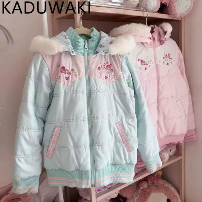 Parka réversible Kawaii en coton et polyester avec broderies de dessins animés pour femmes, look Y2K automne-hiver