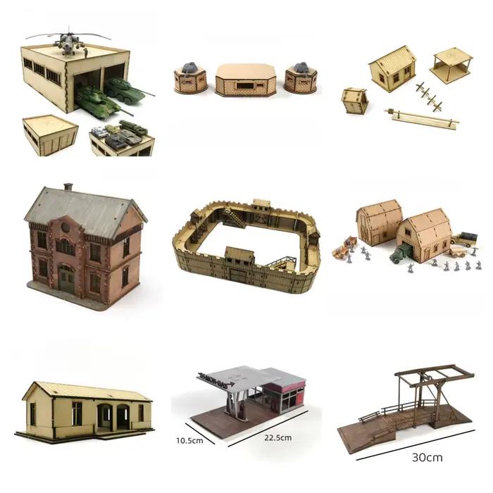 Bâtiments en bois à assembler 1/72, salle de commandement de la Seconde Guerre mondiale, barricades, ponts, entrepôt, gare, puzzle, jouets faits à la main pour modèles de scène