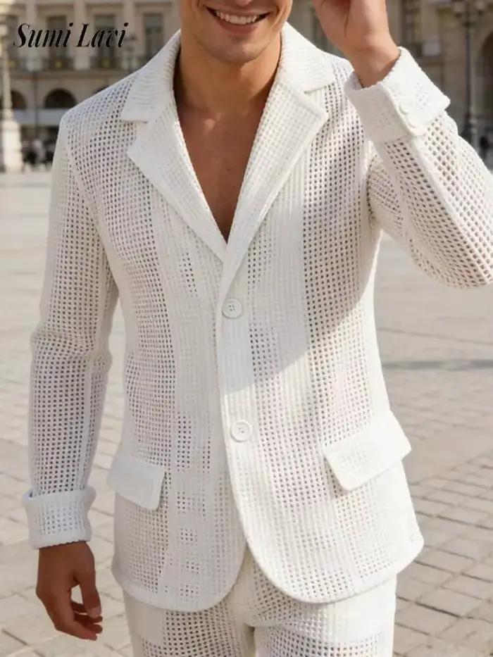 Veste décontractée pour homme à carreaux texturés, mode printemps, couleur unie, col rabattu boutonné, blazer, manteau vintage pour homme