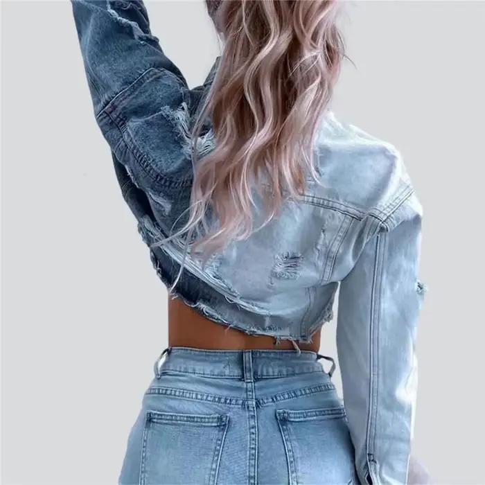 Femmes Denim veste courte mode Vintage rétro trous à manches longues poches manteau haut femme décontracté vêtements courts Streetwear