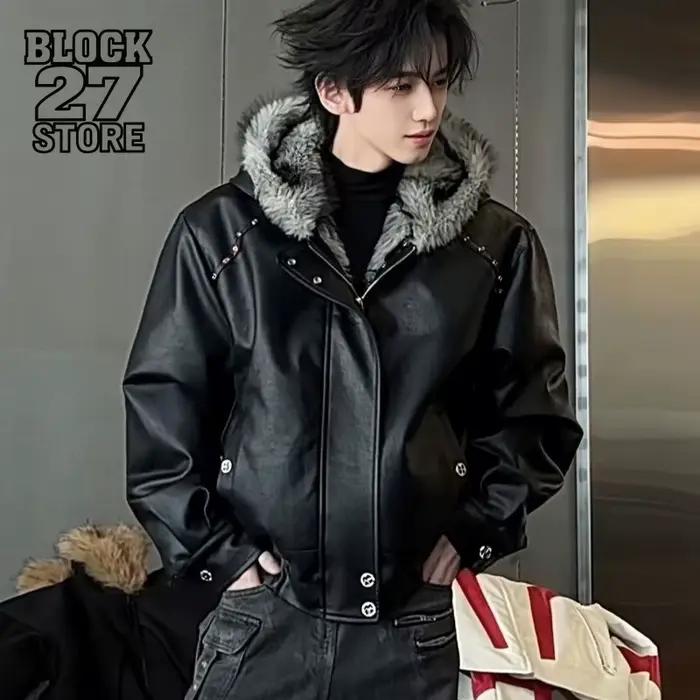 Veste pour hommes Harajuku américain déconstruit fausse fourrure de loup manteau en coton à capuche clouté court en cuir Style hiver chaud Streetwear