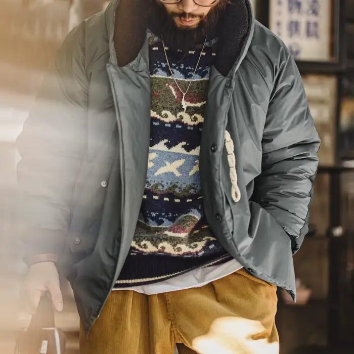 Maden Vintage N-3B Parka grise pour hommes boutons à bascule manteau court à capuche veste rembourrée thermique lourde pour l'automne hiver
