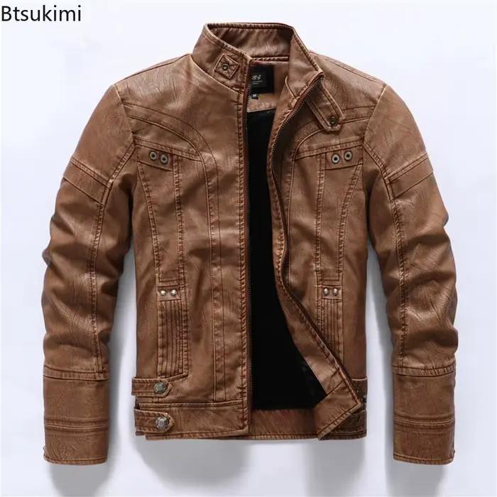 Veste de motard courte pour hommes - Btsukimi - cuir synthétique et fourrure synthétique - coupe cintrée - brun, jaune, noir - occassions quotidiennes et événements - manteau décontracté et élégant