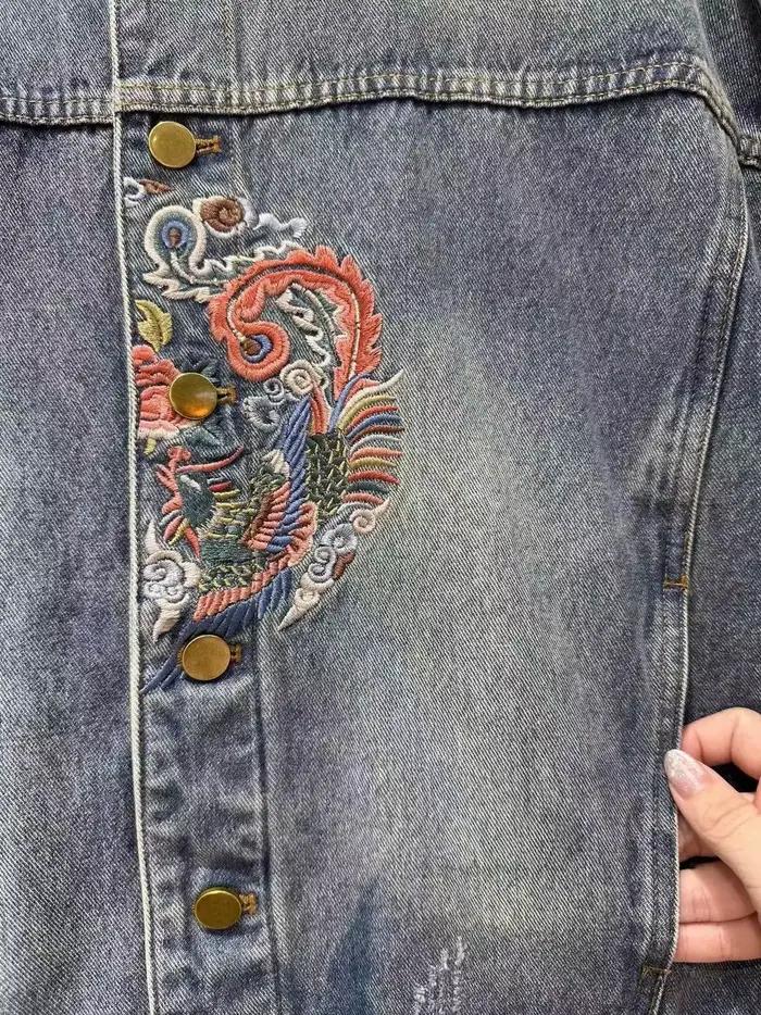Veste en jean brodée pour femme, manteau vintage chinois, vêtements d'extérieur courts pour femme, col montant, rue haute, décontracté, nouveau