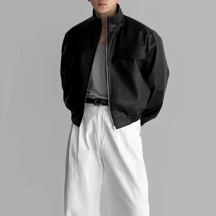 Veste de moto courte en cuir PU pour hommes, vêtements de rue, mode jeune motard, veste pilote, vieil argent, nouveau, 2025