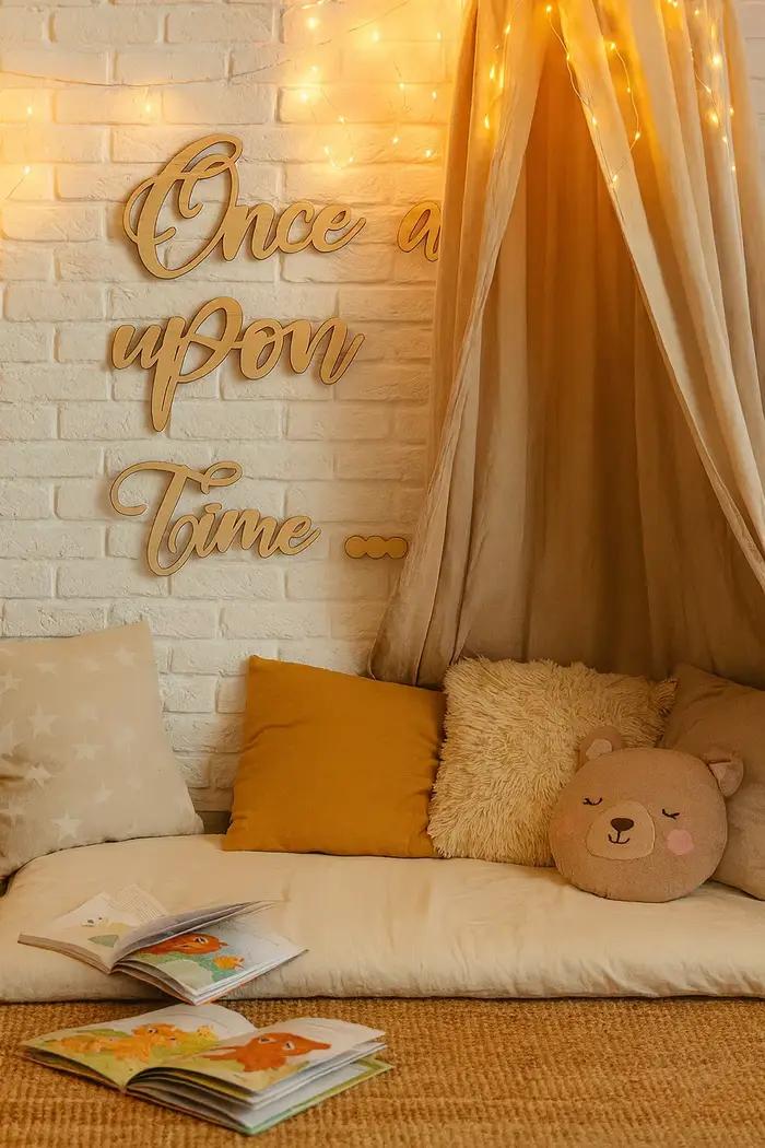 Panneau en bois Once Upon a Time – Art mural pour chambre d'enfant, décoration d'angle de lecture, décoration de la maison, accent d'étagère (bois naturel)