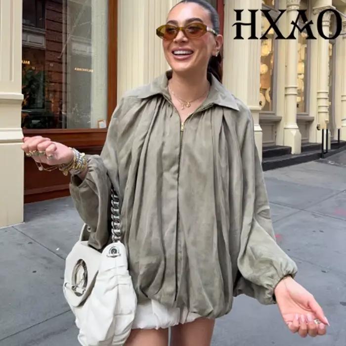 HXAO femmes Bomber veste plis grande taille vestes femme gonflée recadrée