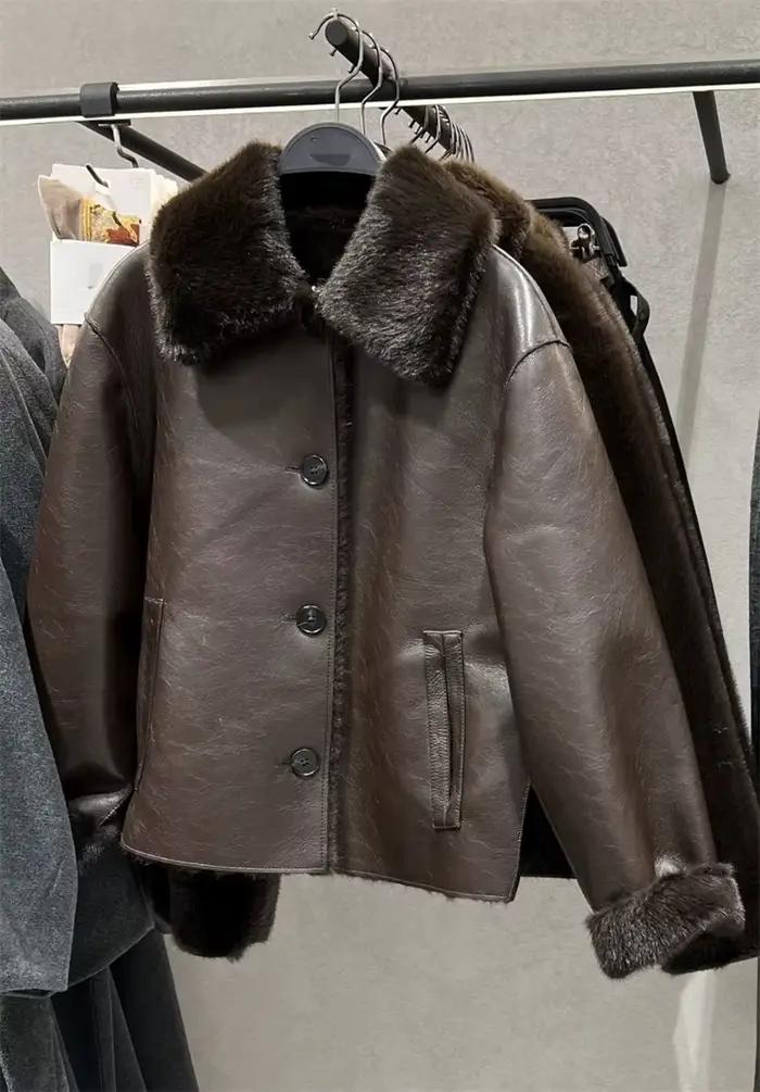 Veste femme 2025 automne/hiver nouveautés marron foncé à manches longues en simili cuir