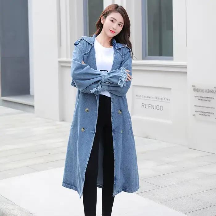 Trench Denim manteau femmes longs manteaux à lacets ceinture taille haute col rabattu Maxi vestes Y2k simple boutonnage élégant automne