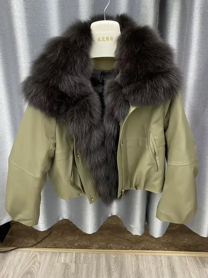 Veste d'hiver en duvet d'oie blanche pour femme, manteau épais et chaud en fourrure naturelle, col en vraie fourrure de renard, ample et bouffante, pour les saisons d'automne et d'hiver