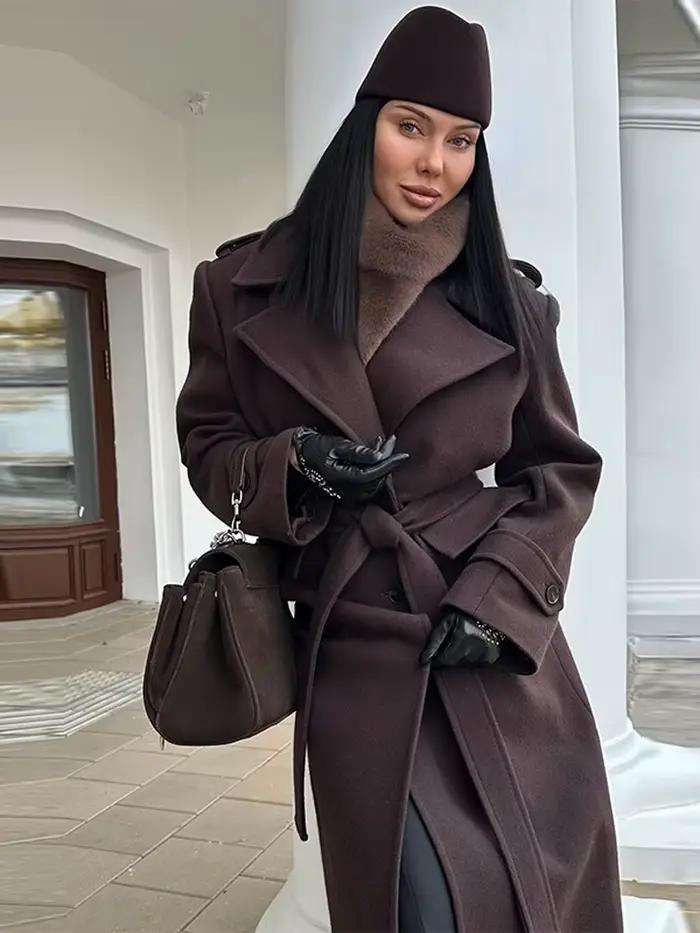 Vintage grand revers Tweed Long manteau femmes élégant ample Double boutonnage ceinture manteaux dame 2025 hiver classique Chic rue pardessus