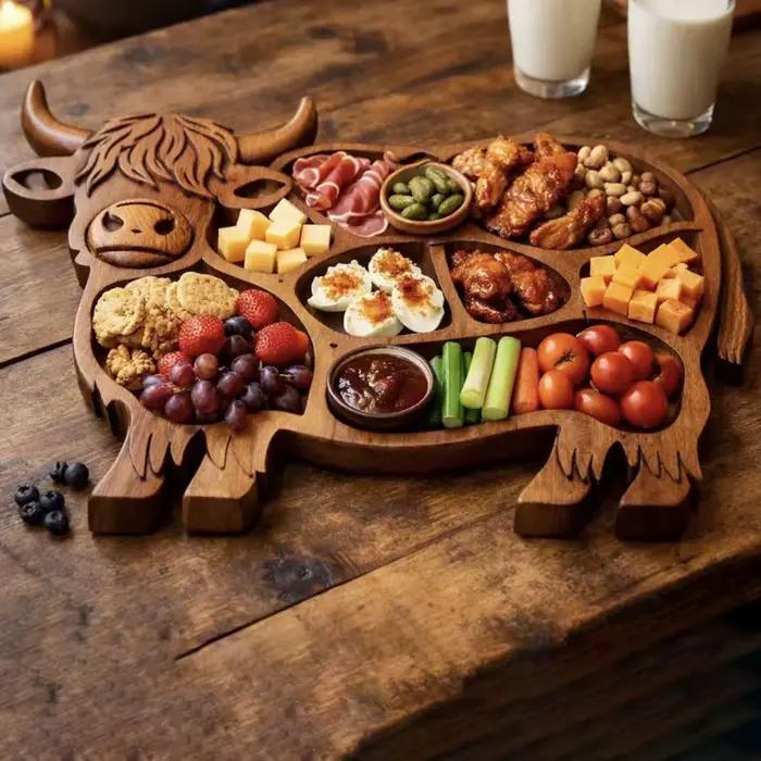 Planche à charcuterie en bois naturel, plateau de service en bois avec motif vache des Highlands, plateau rustique de style ferme