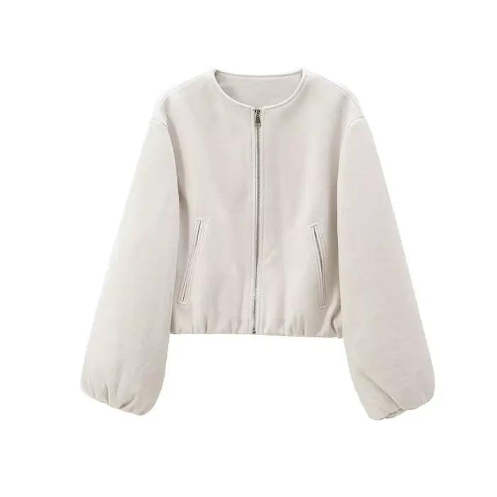 TRAF Beige recadrée veste d'extérieur femmes 2024 automne hiver laine et mélange court Bomber varsity