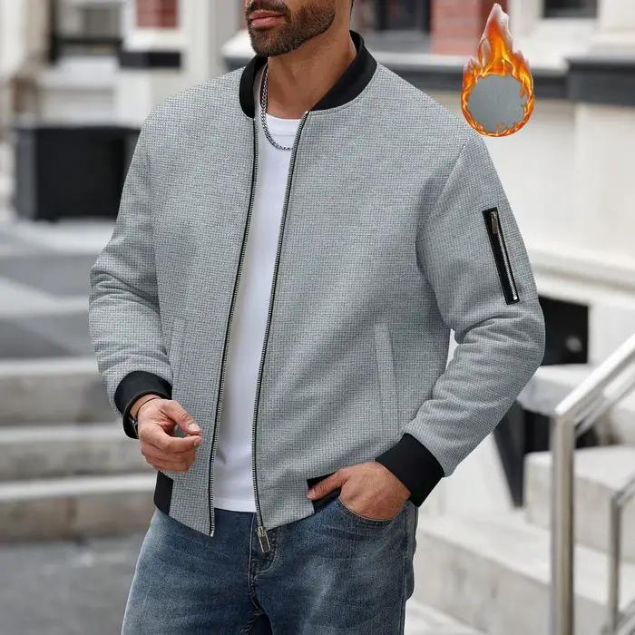 Veste thermique texturée gaufrée pour homme avec doublure polaire, zip entièrement zippé, poche sur la manche, style streetwear décontracté pour l'hiver et le quotidien