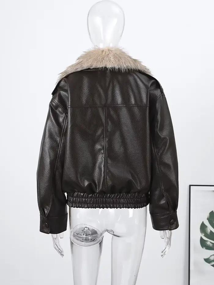 Faxu col de fourrure femmes veste en cuir PU manteau Style Vintage ouvert devant 2025 nouveau haute rue vêtements d'extérieur mode femme tenue