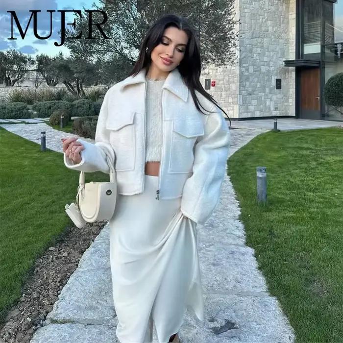 Mujer Blanc Tweed Veste Femmes Recadrée Bomber Veste Femmes à Manches Longues Veste à Glissière Femme Automne Streetwear Vêtements D'extérieure