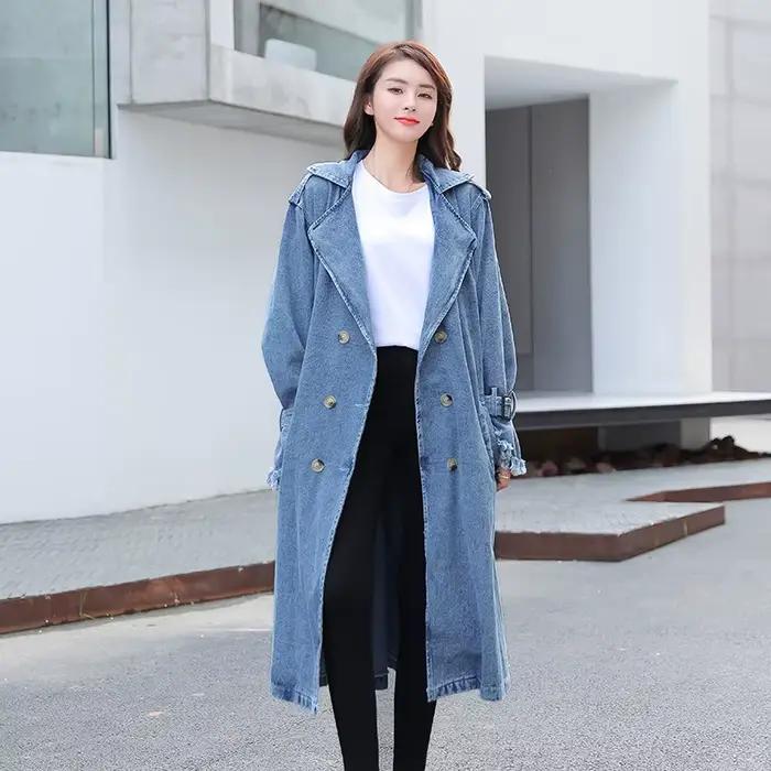 Trench Denim manteau femmes longs manteaux à lacets ceinture taille haute col rabattu Maxi vestes Y2k simple boutonnage élégant automne