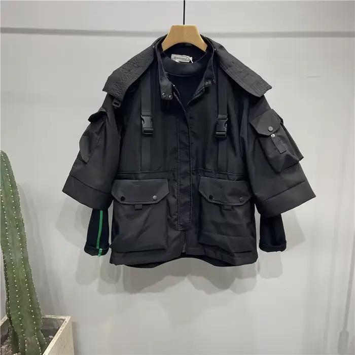 Tactique Techwear vestes à capuche homme multi-poches trois quarts manches fonctionnel Punk Cargo veste manteau