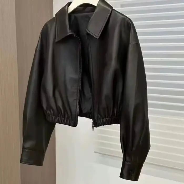 Manteau en cuir pour femmes Printemps Automne 2026 Col carré Court Femme Faux PU Vêtement d'extérieur Design tendance