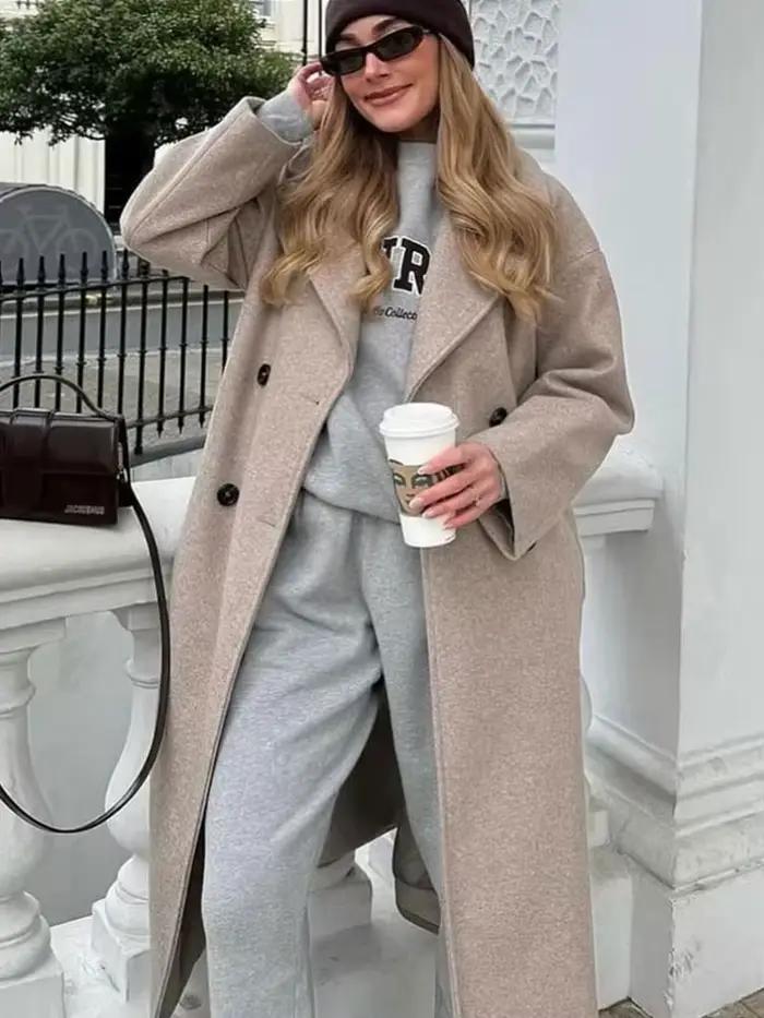 HH femmes hiver décontracté laine mélange cranté revers col manteau Chic Double boutonnage Trench manteaux surdimensionné femme longues vestes