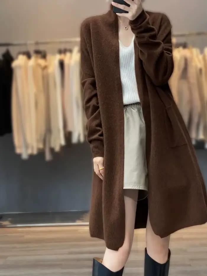 Femmes 100% laine mérinos manteau Cardigan à manches longues pull automne hiver couleur unie ample chaud tricots mode femme longue Coa