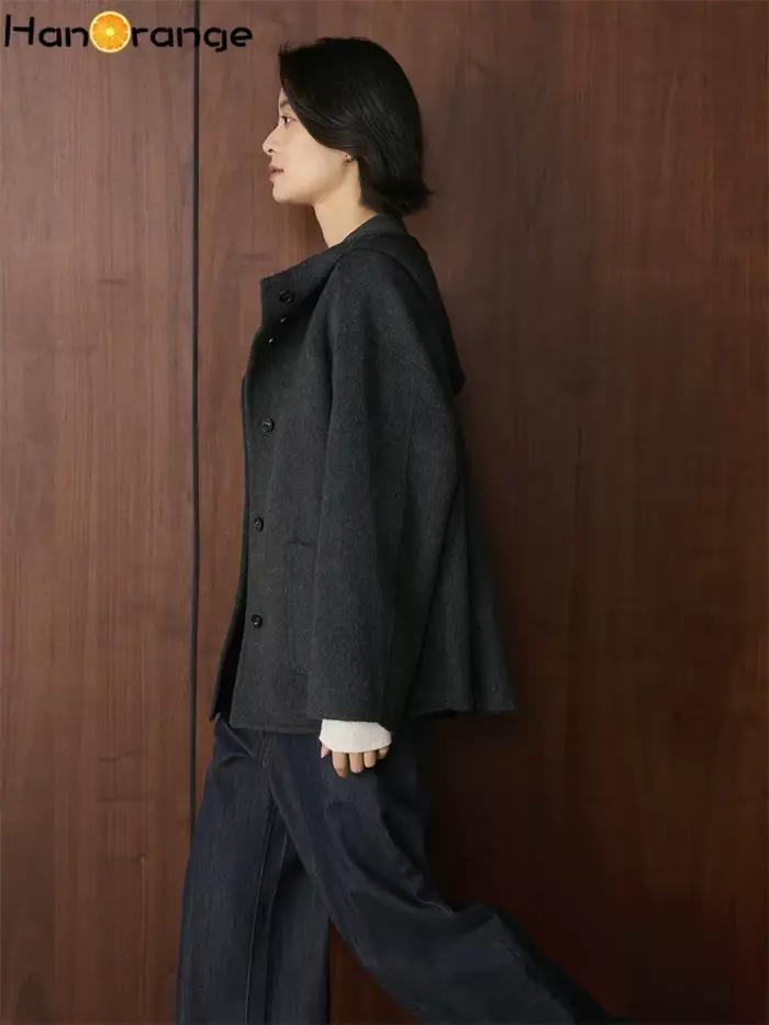 Manteau en Laine Double Face HanOrange 2026 Hiver Tendance à Capuche avec Poches Symétriques pour Femme