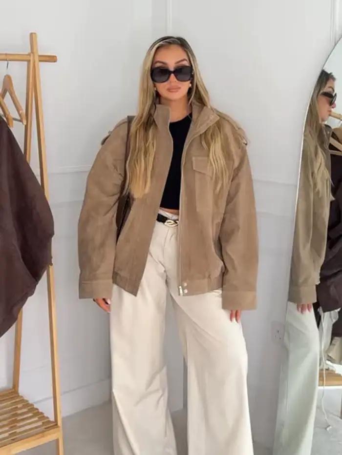 Femmes Chic court col montant veste en daim mode Chic fermeture éclair poche vêtements d'extérieur amples nouvelle dame automne nouveaux manteaux de rue quotidiens
