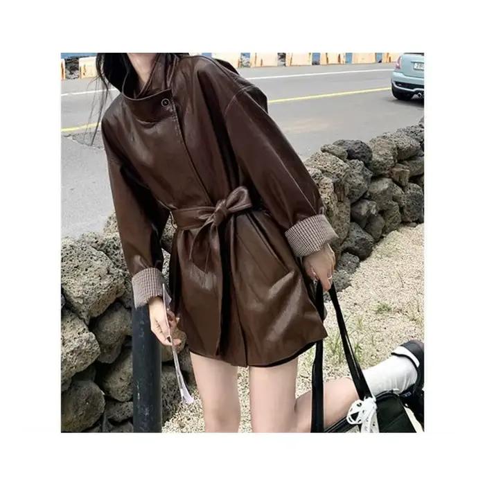 Veste en cuir bywindto style vintage américain pour femmes occassions printemps automne décontractée tendance à capuche fermeture éclair polyester