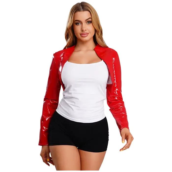 Veste courte pour femmes en PU brillant, design ouvert sexy et club, idéale pour les festivals de musique et les soirées disco, disponible en beige, bleu et noir, taille S à XXXL
