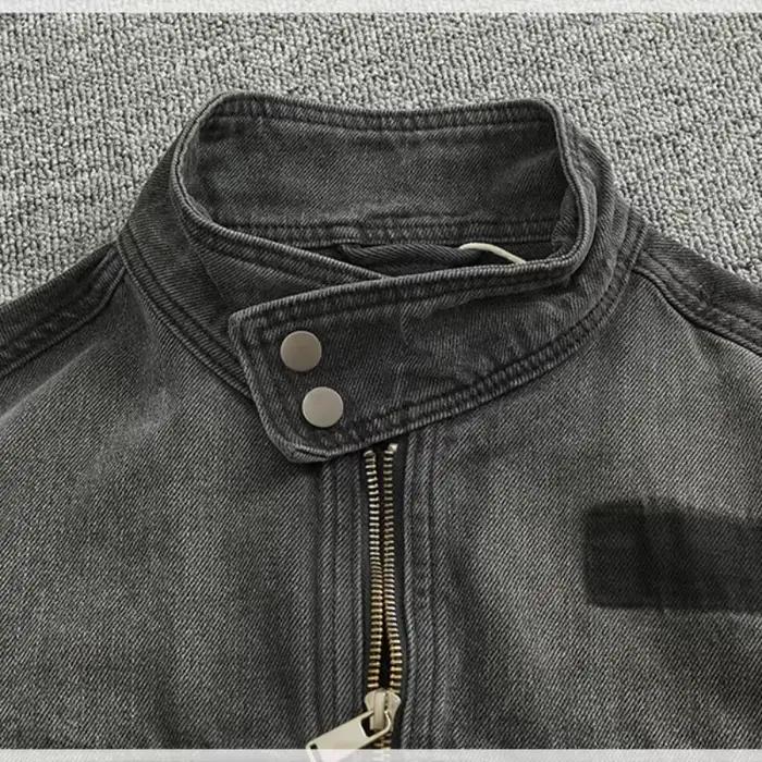Veste de motard en denim délavée lourde pour hommes