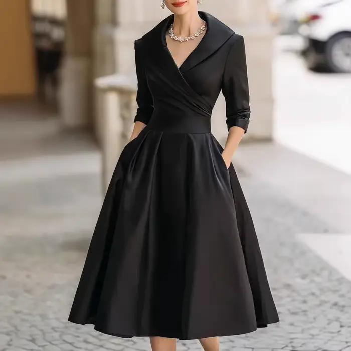 Robe d'invité de mariage pour femmes, col rabattu, poches, mi-longue, robe de soirée, Cocktail, mi-longue, robes trapèze, SZE-ST25121