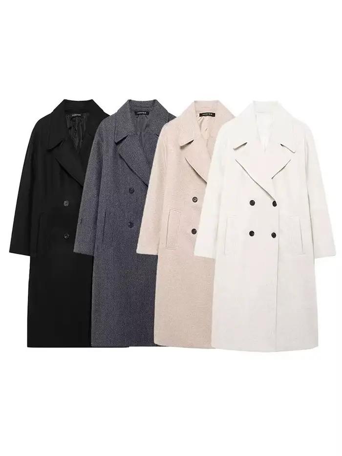 HH femmes hiver décontracté laine mélange cranté revers col manteau Chic Double boutonnage Trench manteaux surdimensionné femme longues vestes