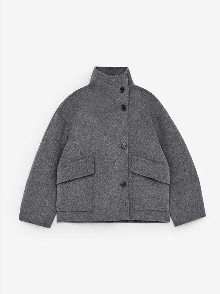 Manteau court à manches longues et demi-col roulé pour femme, veste ample élégante avec poches à sim