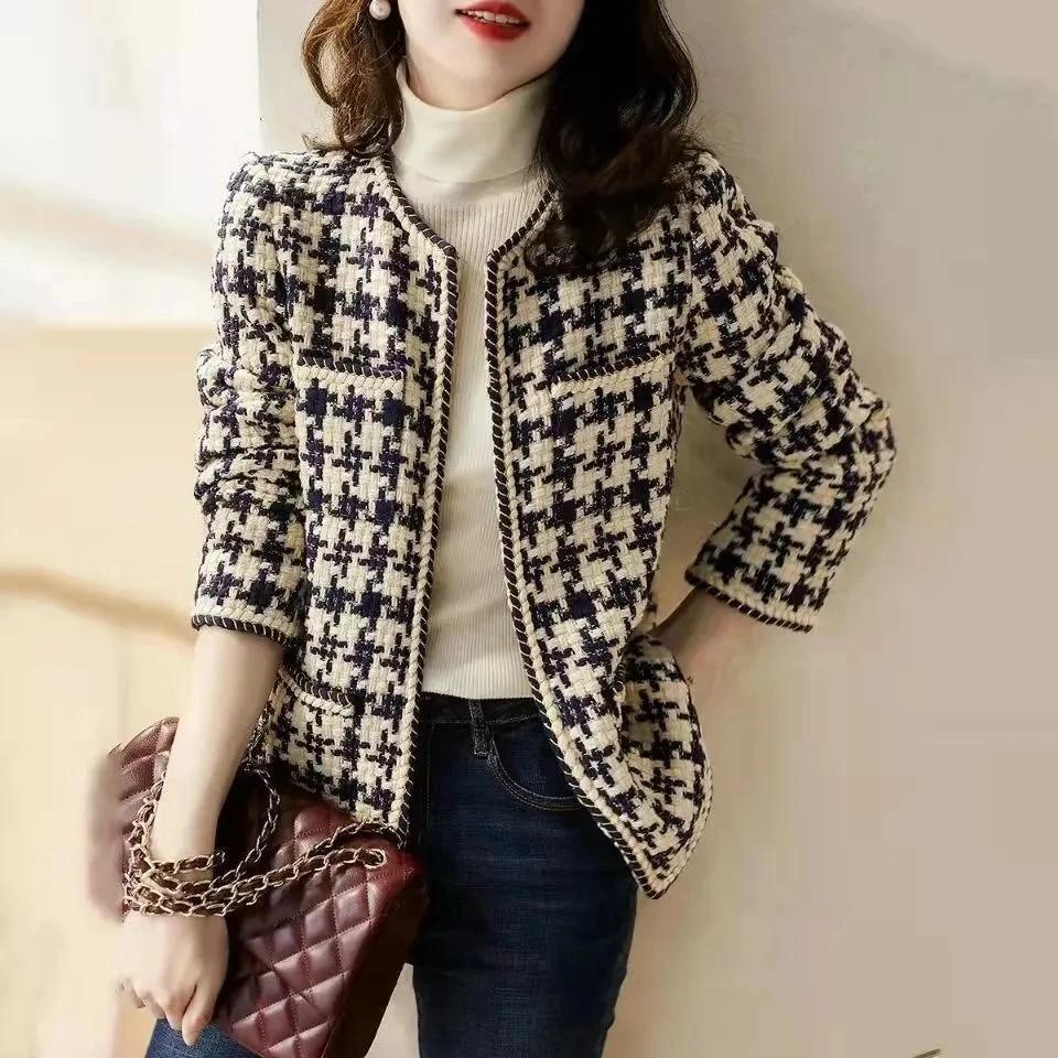 Veste pied-de-poule pour femmes, haut court français, ample, Tweed, Style occidental, petit parfum, 