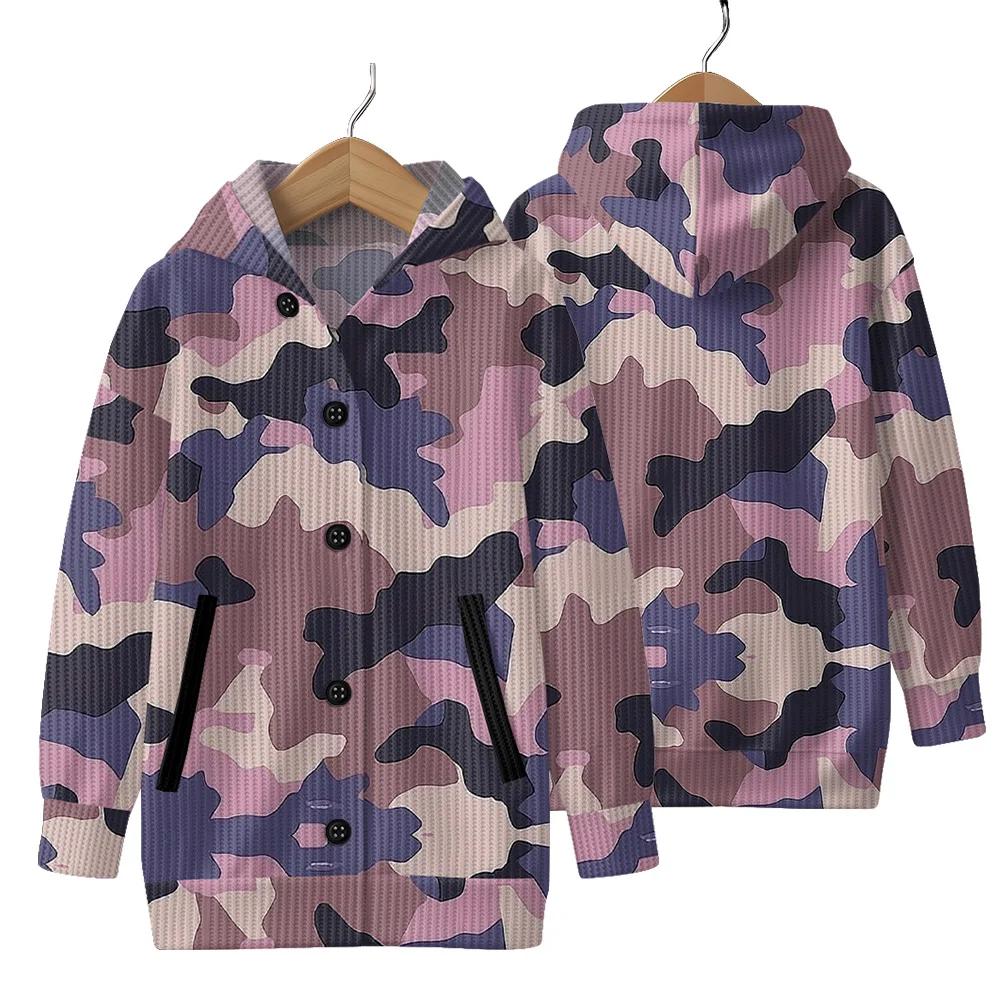 Veste à capuche camouflage tendance unisexe, manteaux avec poches avant à boutons, manches longues, 