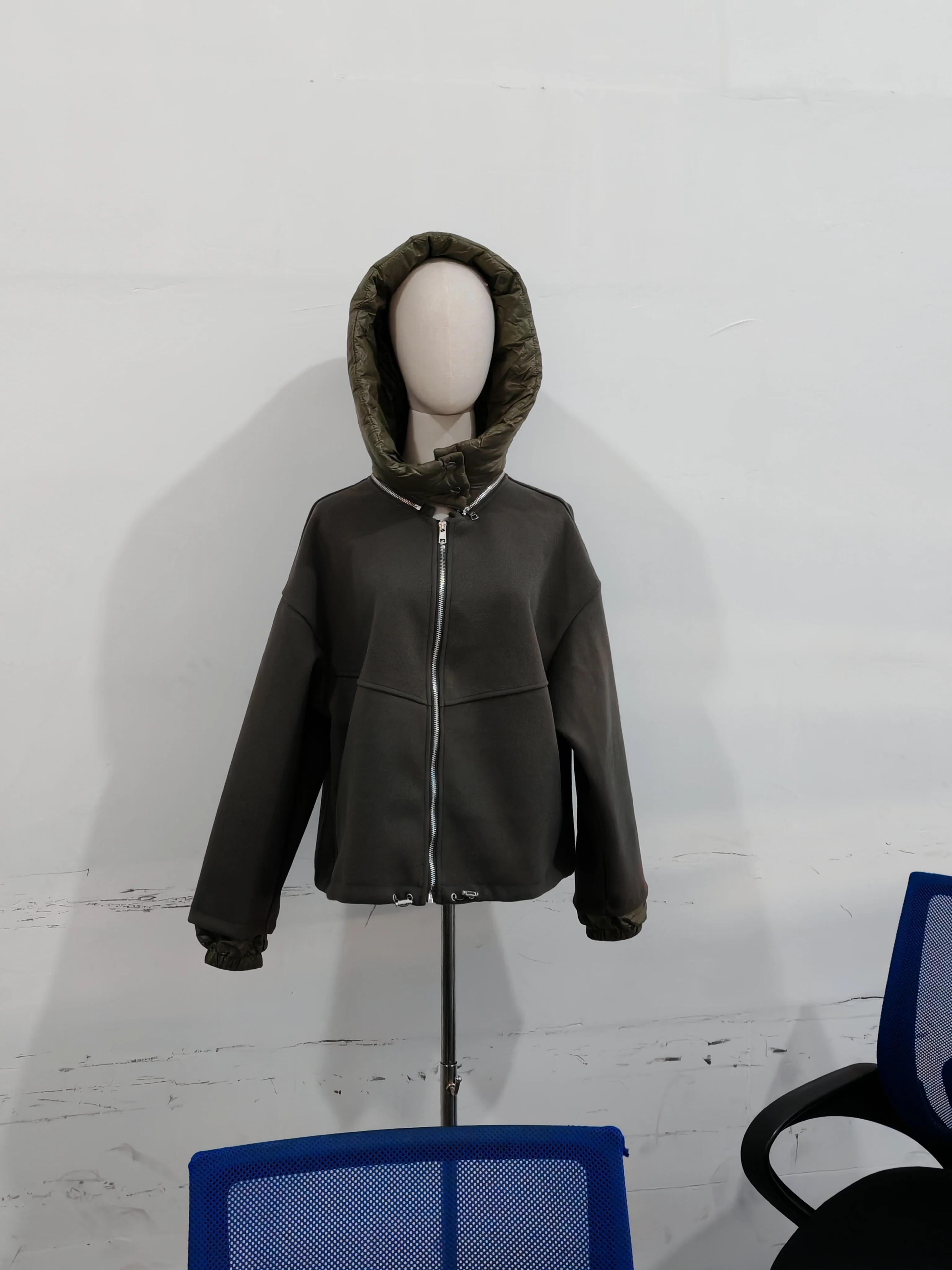 Veste à capuche en laine pour femme, manteau court, grande poche, bouton en métal, pardessus de traj