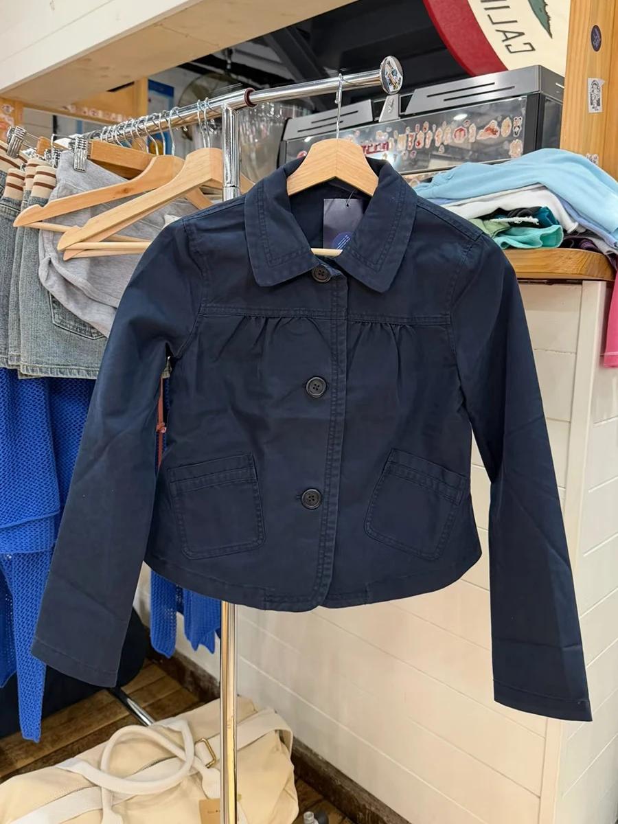 Veste Courte Femme à Poches, Col Rabattu, Boutonnage Simple, en Coton, Style Vintage Américain, Bleu