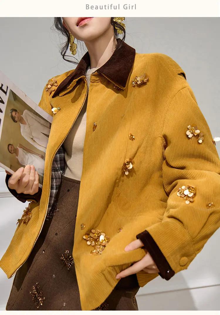 Veste en velours côtelé moutarde pour femme, col contrastant, ornée de perles, manteau épais, style 
