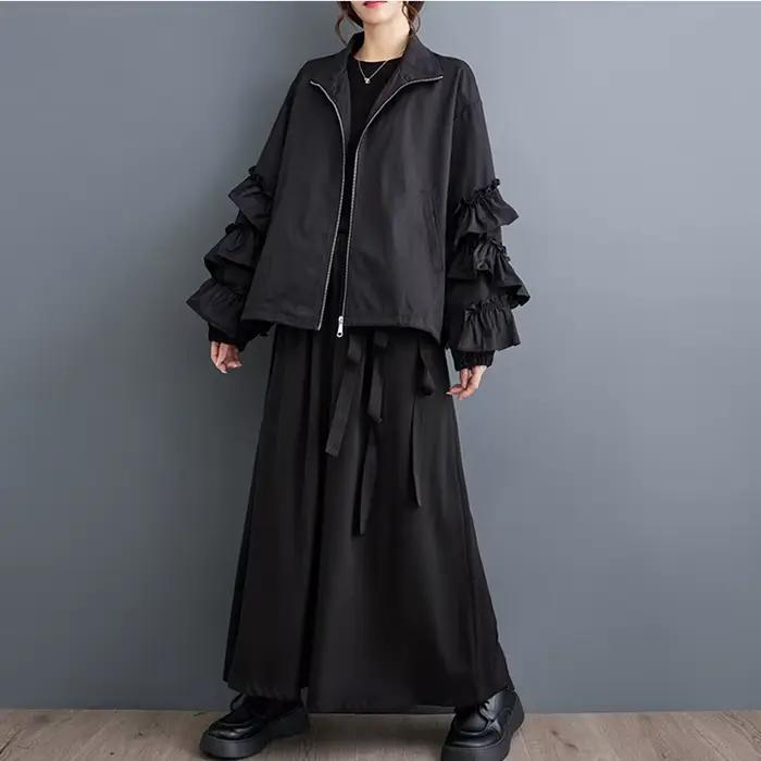 Veste oversize noire unie plissée pour femme, décontractée, ample, polyvalente, col montant, style v