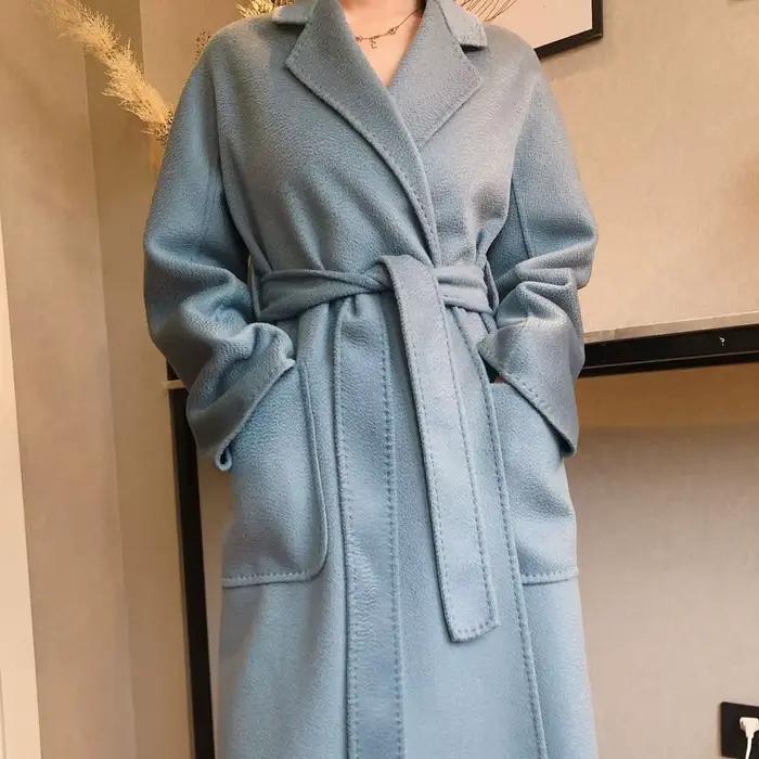 Magnifique Manteau Long en Laine Ondulée Fait Main pour Femme, Style Robe Hepburn avec Ceinture, Mod