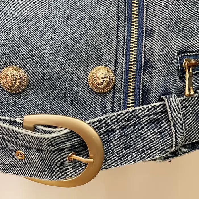 HIGH STREET Nouveauté 2026 Veste de motard en jean pour femme, style créateur, avec boutons motif li
